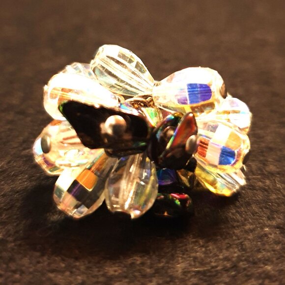 One of A Kind Vintage 1960s Aurora Borealis Glass Cluster Flower Adjustable Ring - Picture 6 of 15